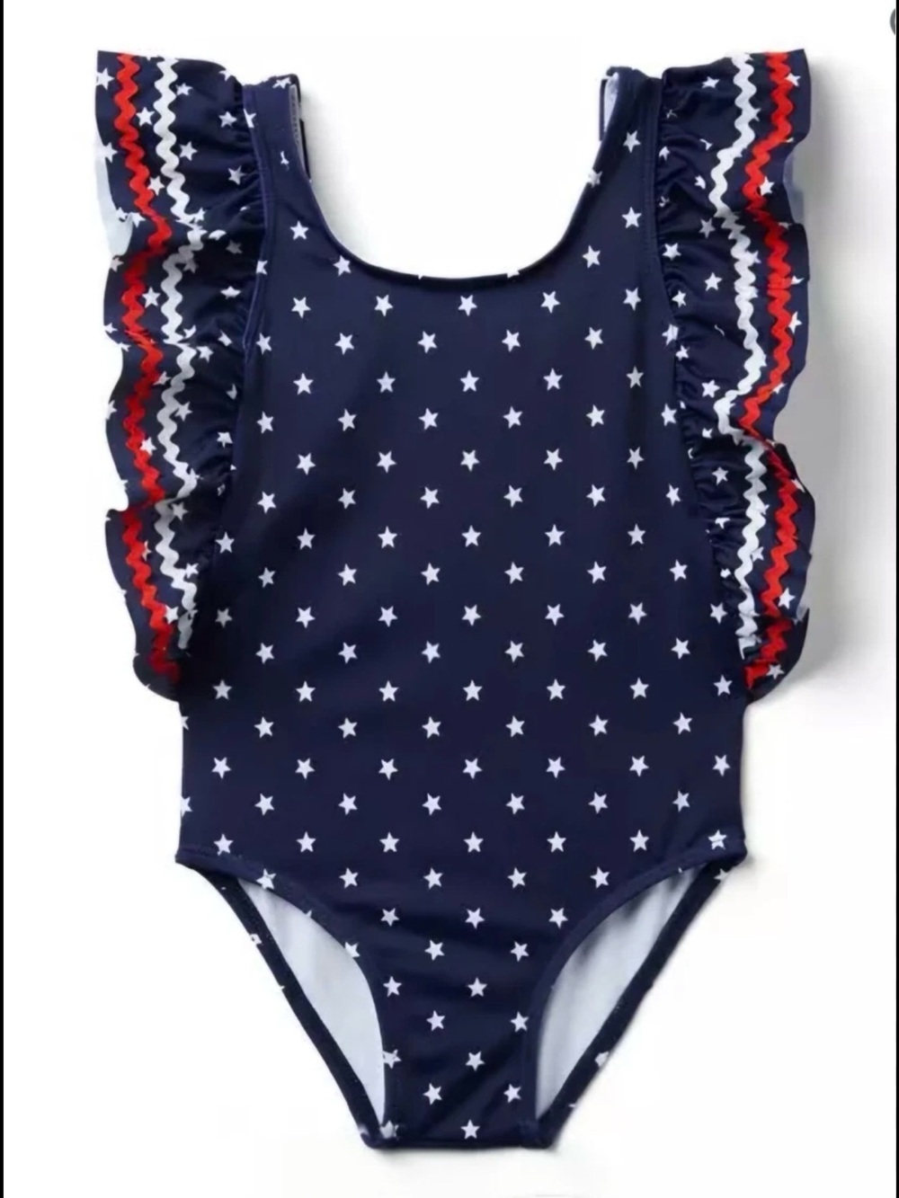 Janie and Jack Navy Star Ruffle One-Piece Swimsuit with Red & White Trim